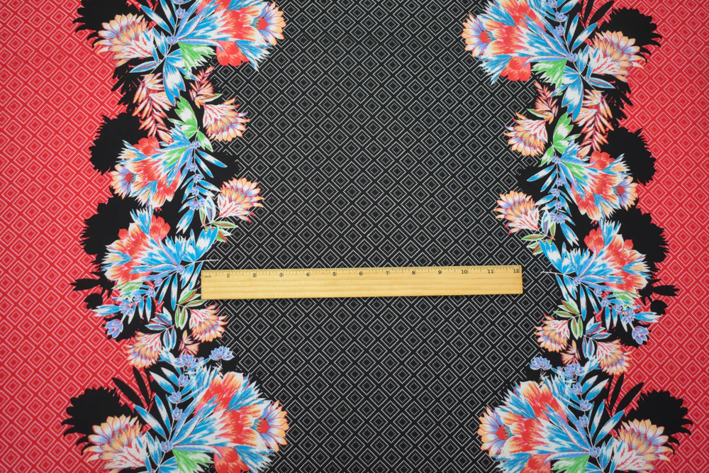 Black-Red-Multi Poly Floral Diamond Border Printed Pebbel Crepe Woven Fabric - Image 4