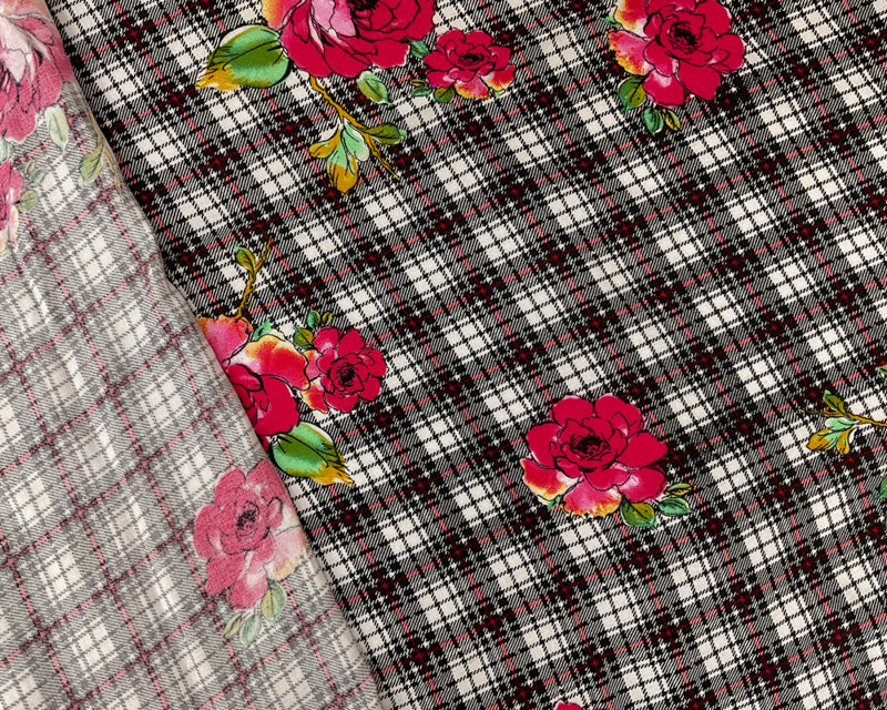 Black-Red-Multi Rayon Floral Plaid Printed Challis Woven Fabric - Image 2