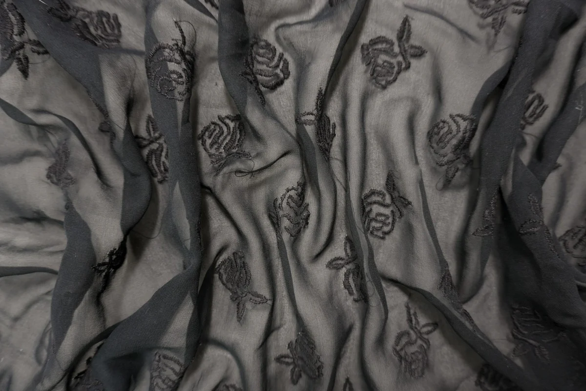 Black Silk Floral Embroidered Chiffon Woven Fabric - Image 3