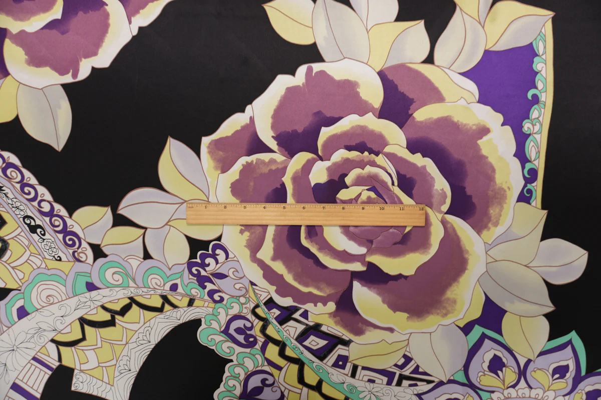 Black Silk Floral Printed Satin Woven Fabric - Image 7
