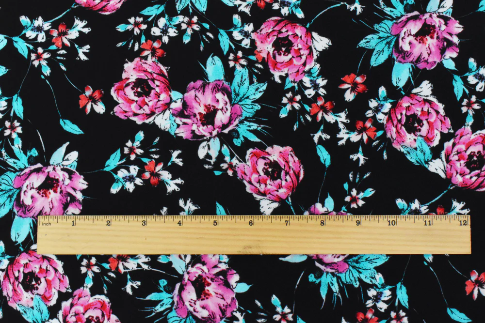 Black-Teal-Pink Polyester Floral Printed Momie Crepe Georgette Woven Fabric - Image 2