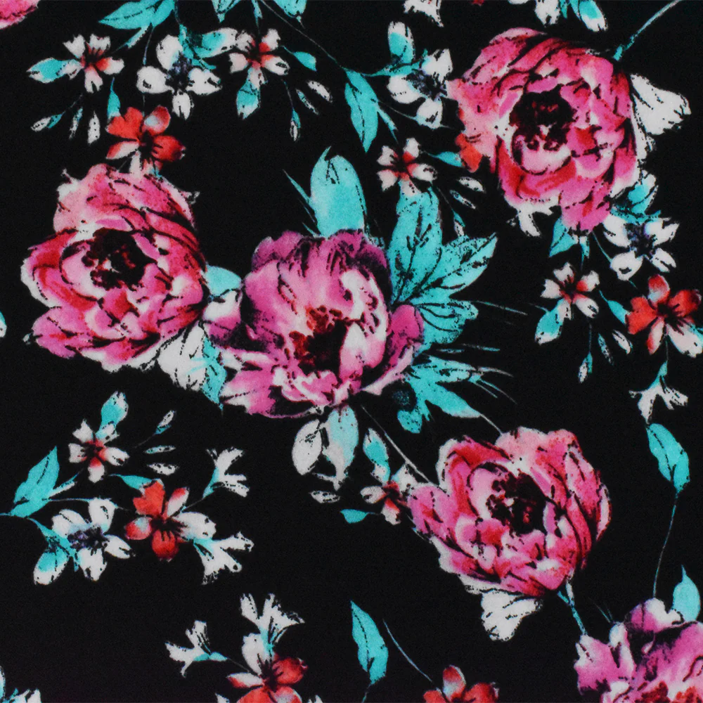 Black-Teal-Pink Polyester Floral Printed Momie Crepe Georgette Woven Fabric - Image 3