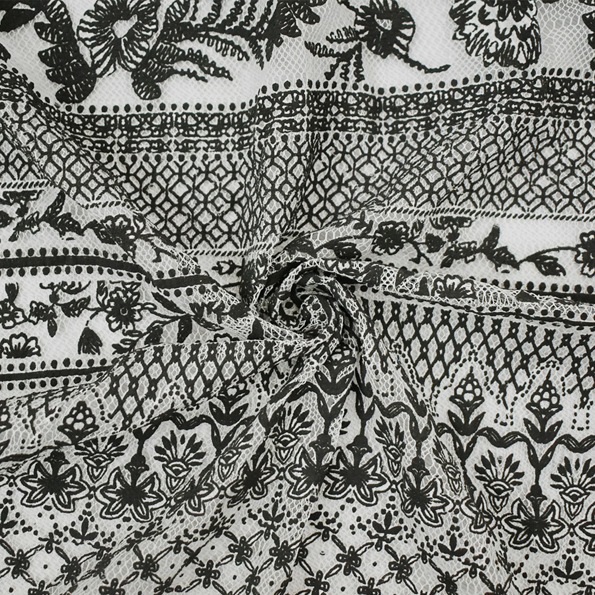Black-White Cotton Nylon Floral Printed Mesh Fabric