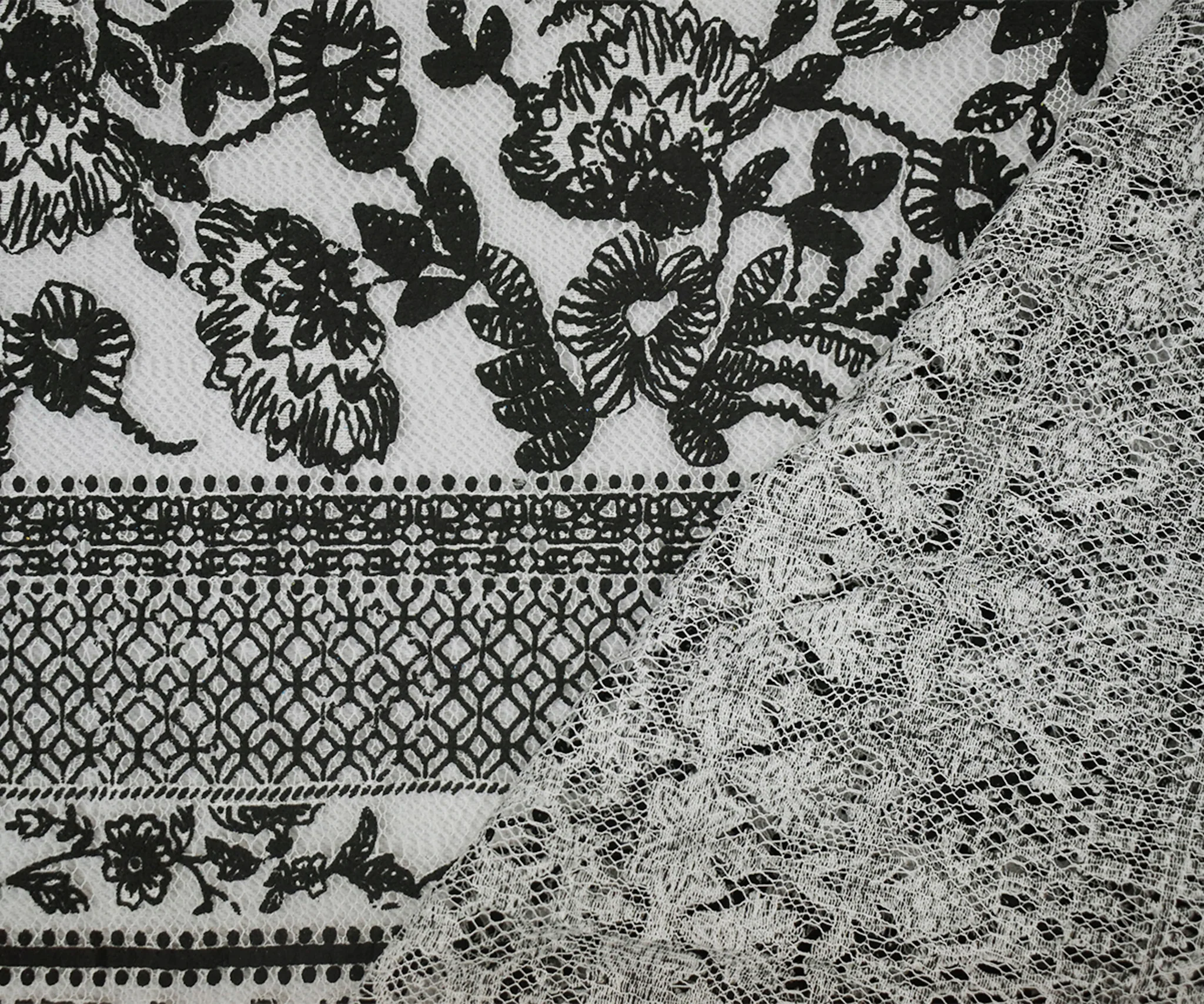Black-White Cotton Nylon Floral Printed Mesh Fabric - Image 2