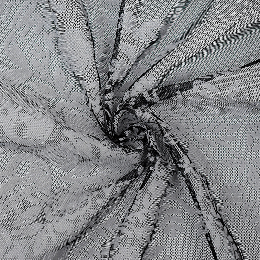 Black-White Nylon Floral Border Scallop Printed Mesh Tulle Knit Fabric