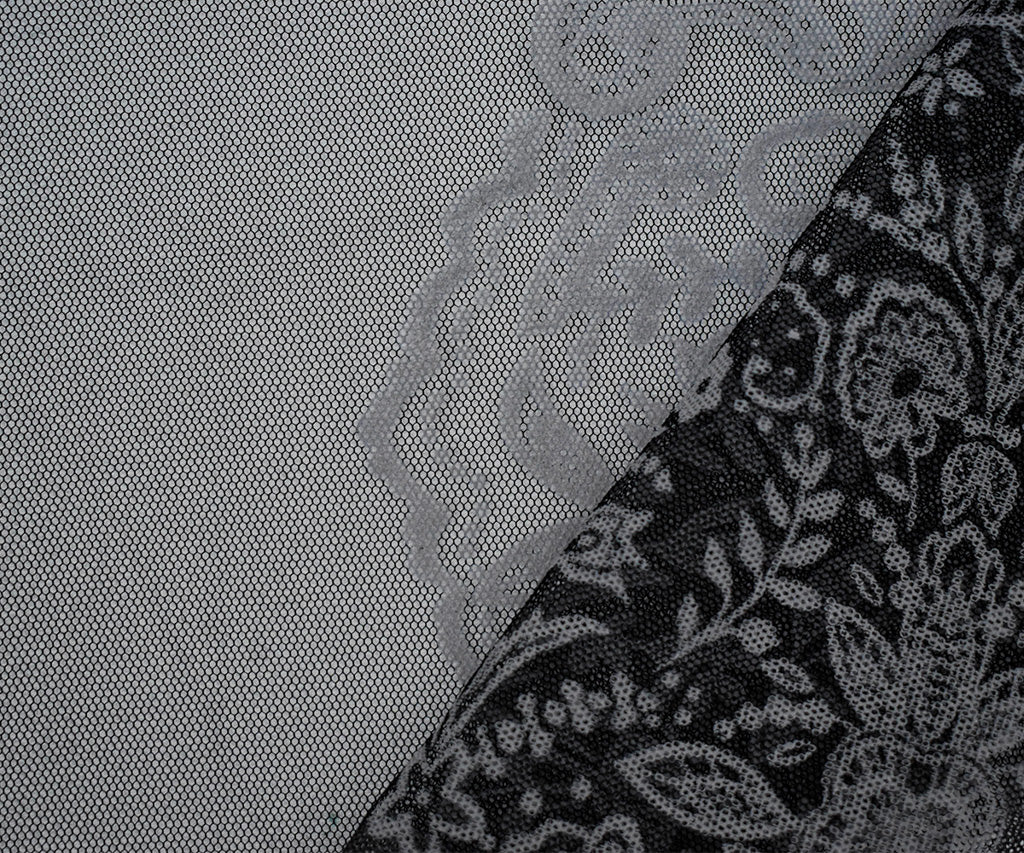 Black-White Nylon Floral Border Scallop Printed Mesh Tulle Knit Fabric - Image 2