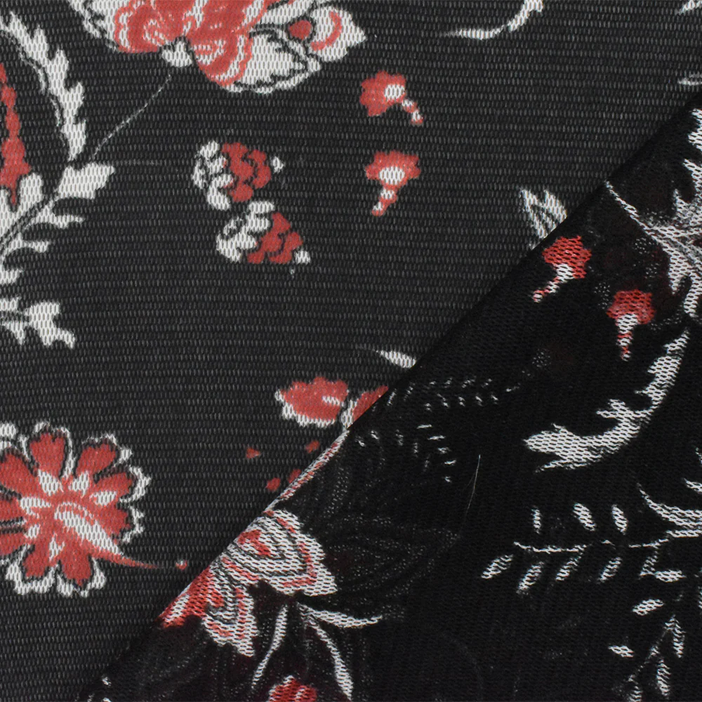 Black-White-Orange Floral Printed Stretch Poly Spandex Mesh Knit Fabric - Image 2