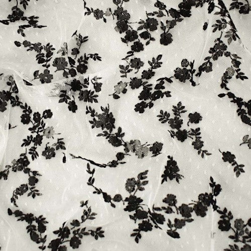 Black/White Velvet Flock Floral Printed Dot Mesh Fabric