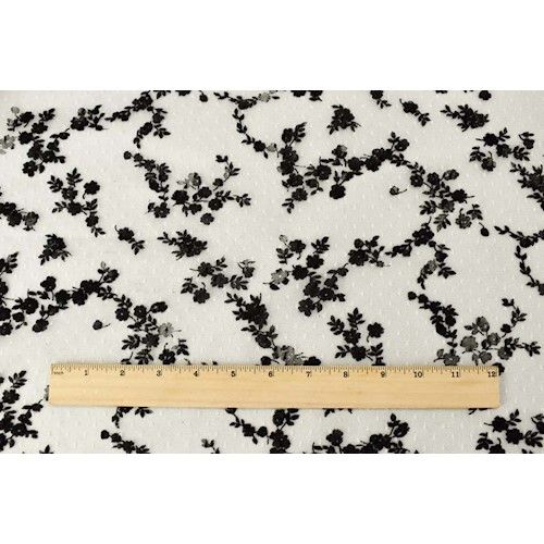 Black/White Velvet Flock Floral Printed Dot Mesh Fabric - Image 2