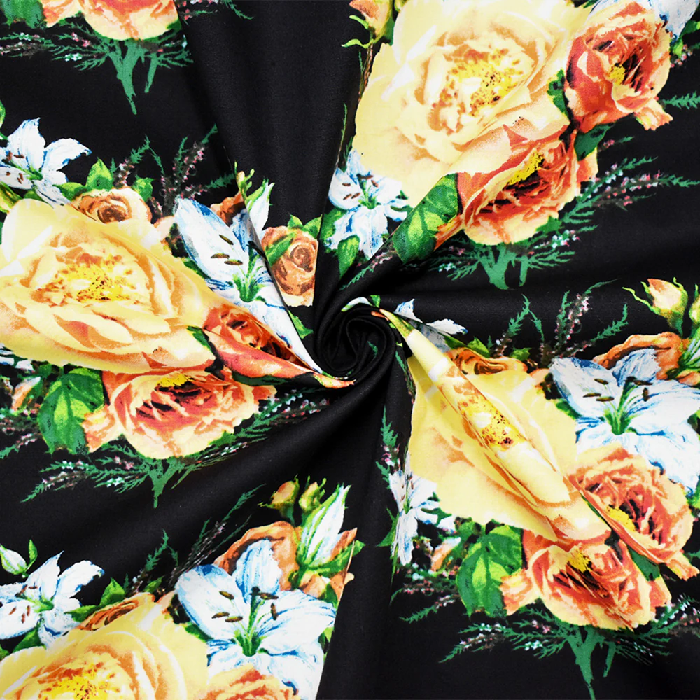 Black-Yellow-Multi Cotton Floral Printed Stretch Spandex Woven Fabric