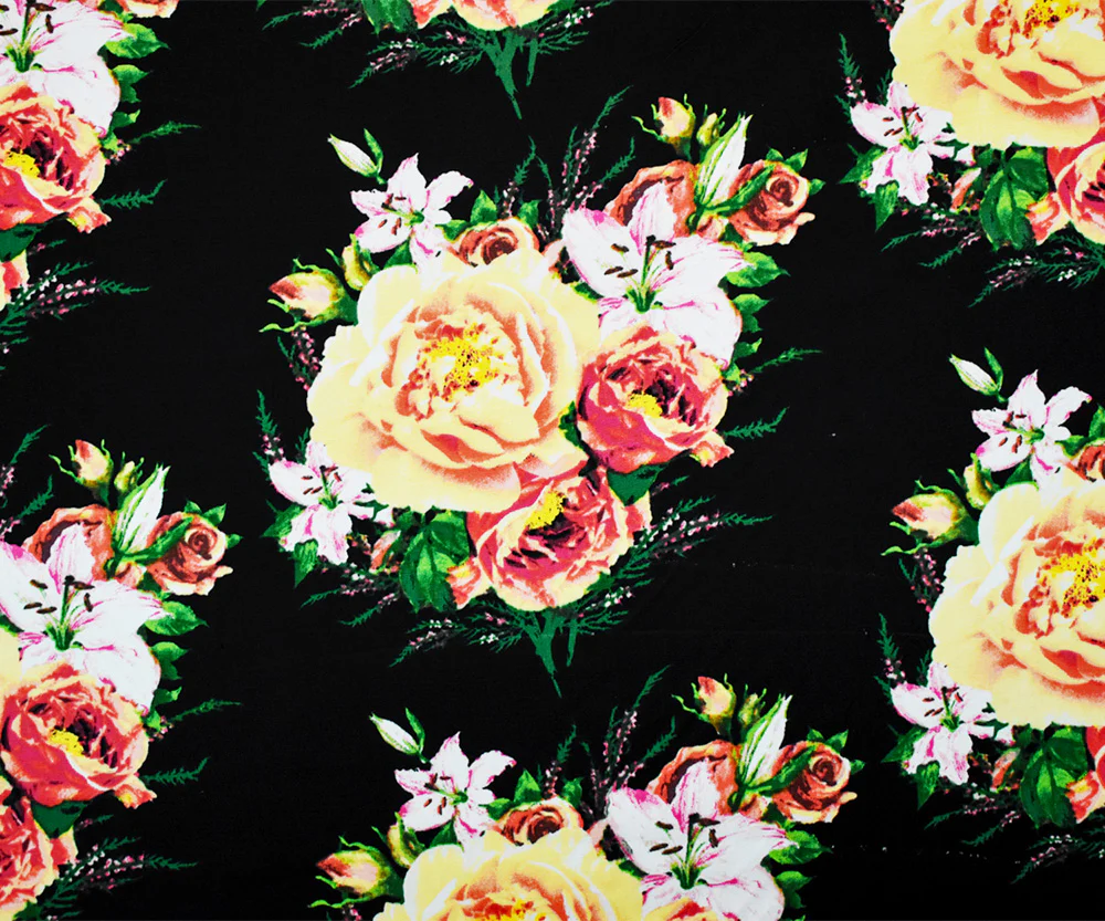Black-Yellow-Multi Floral Printed Stretch Spandex Poplin Woven Fabric - Image 4