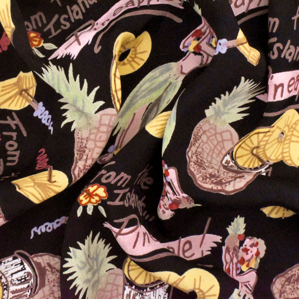 Black-Yellow-Multi Hawaii Vibes Printed Rayon Crepe Faille Woven Fabric - Image 3