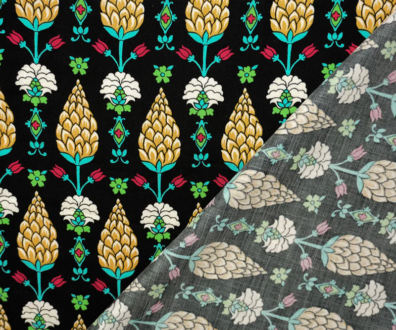 Black-Yellow-Multi Rayon Hops Floral Printed Challis Woven Fabric - Image 2