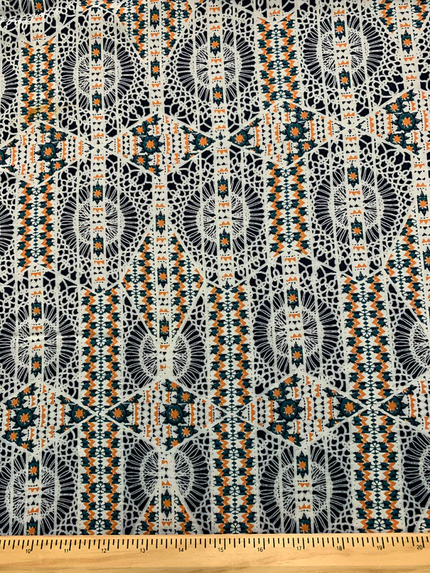Blue and Gold Lace Look Print Rayon Challis Fabric - Image 3