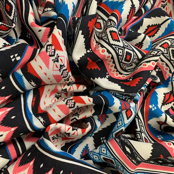 Blue and Pink Multi Aztec Stripe Print Rayon Chalils Fabric