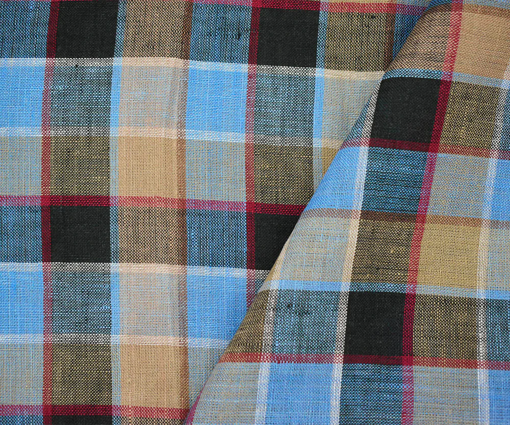 Blue-Beige-Multi Check Linen Woven Fabric - Image 3