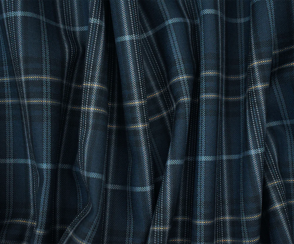 Blue-Black-Multi Wool-Polyester Plaid Woven Twill Suiting Fabric - Image 2