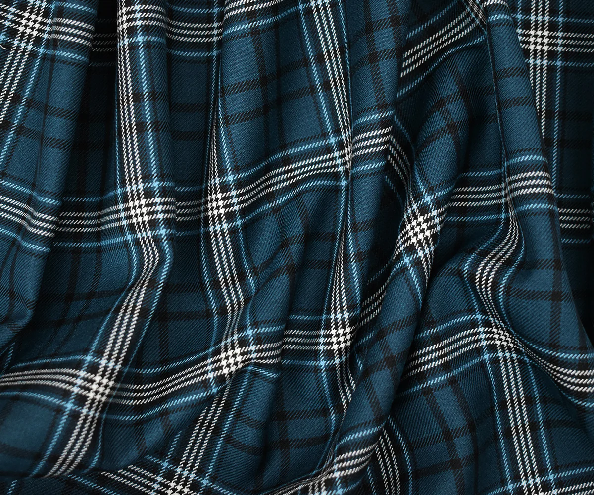 Blue-Black-White Polyester Wool Blend Plaid Twill Suiting Fabric - Image 2