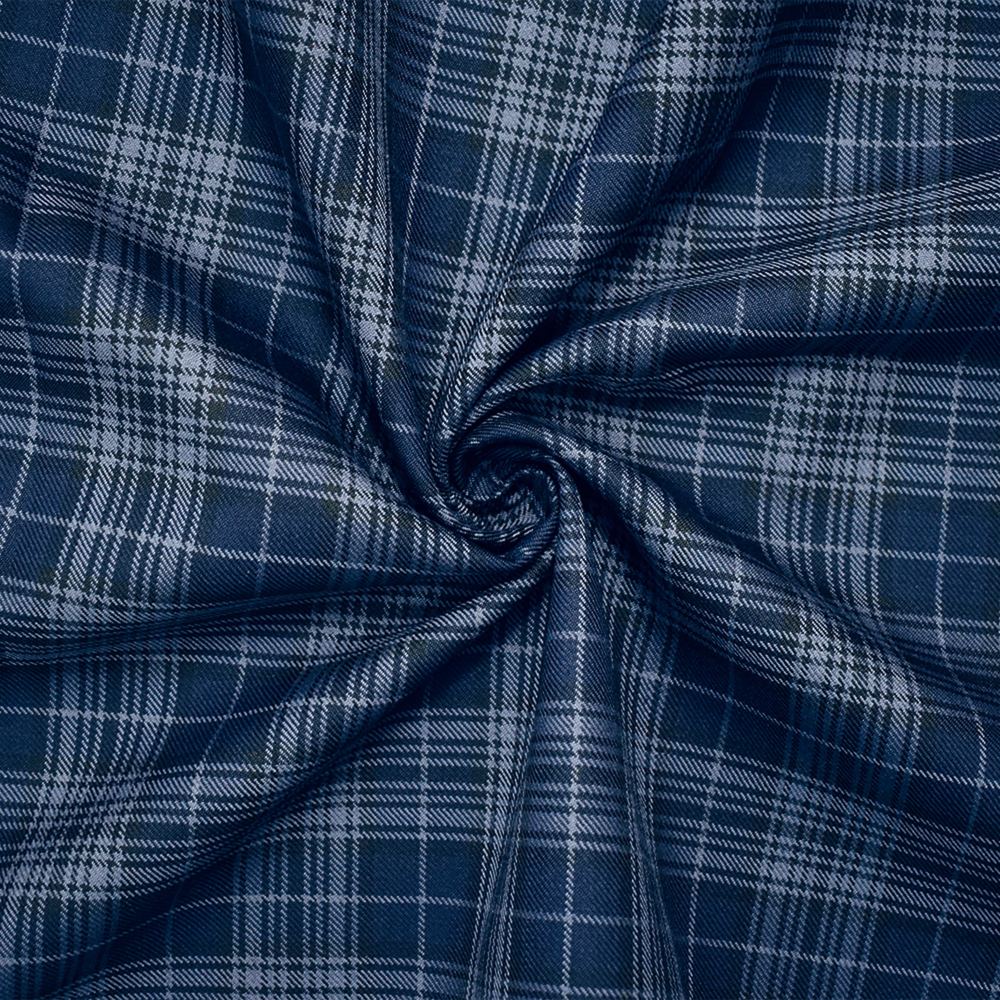 Blue-Black Wool-Polyester Plaid Woven Twill Suiting Fabric