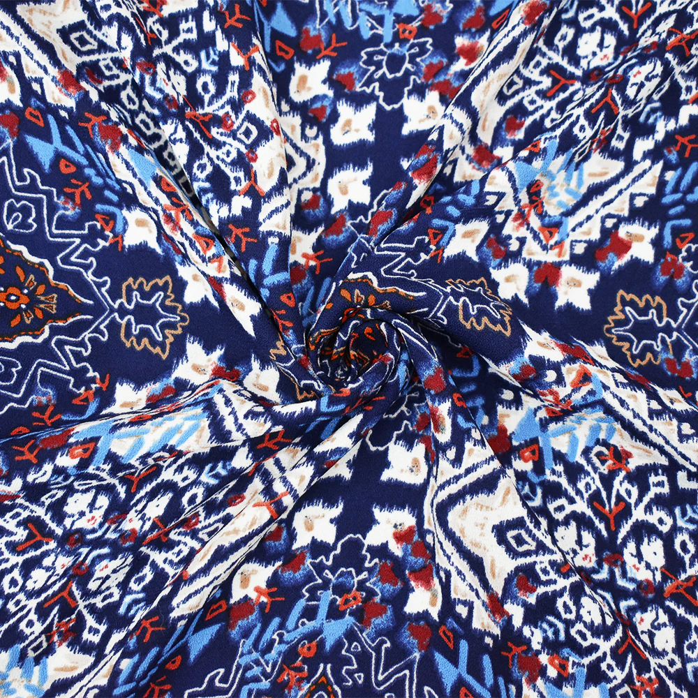 Blue-Brown-Multi Moroccan Diamond Print Poly Crepe Momie Georgette Fabric