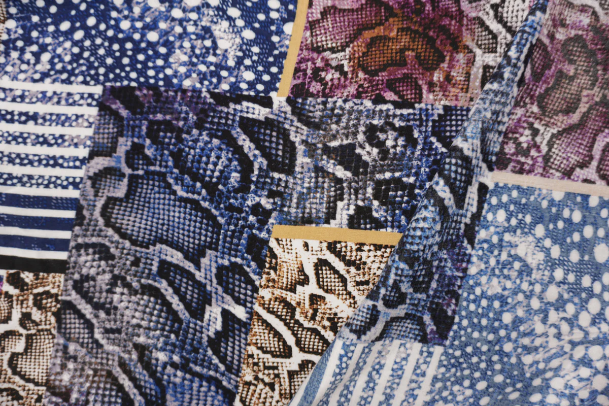 Blue-Brown-Multi Rayon Reptile Printed Challis Woven Fabric - Image 3