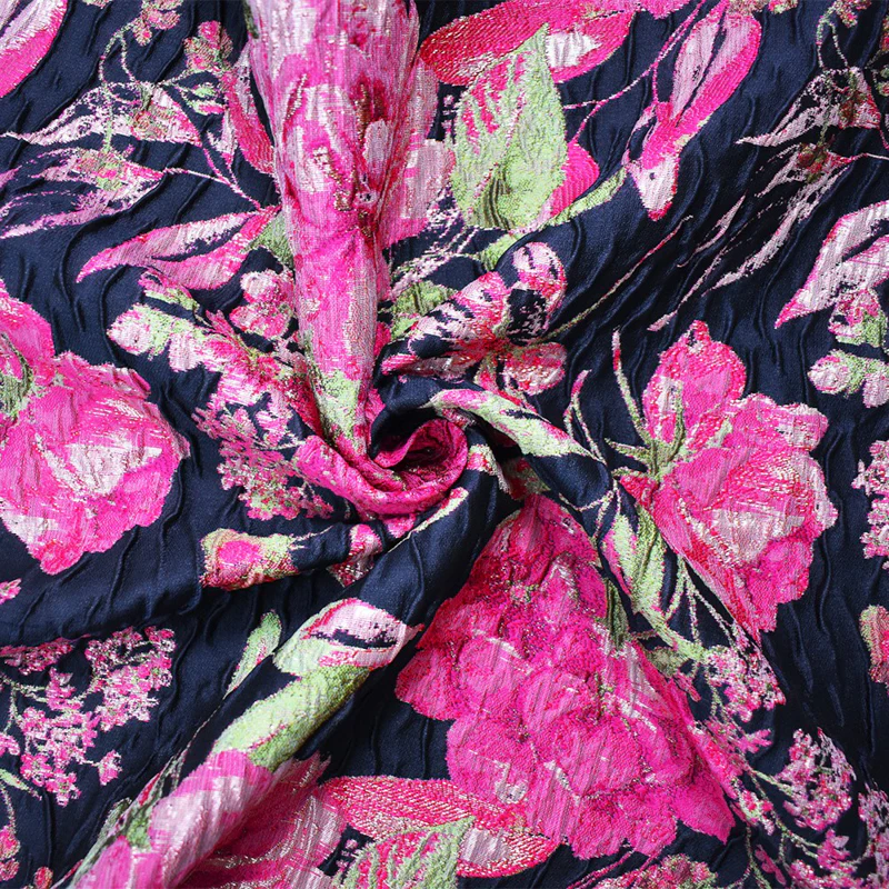 Blue-Fuchsia-Multi Floral Jacquard Matelasse Brocade Woven Fabric
