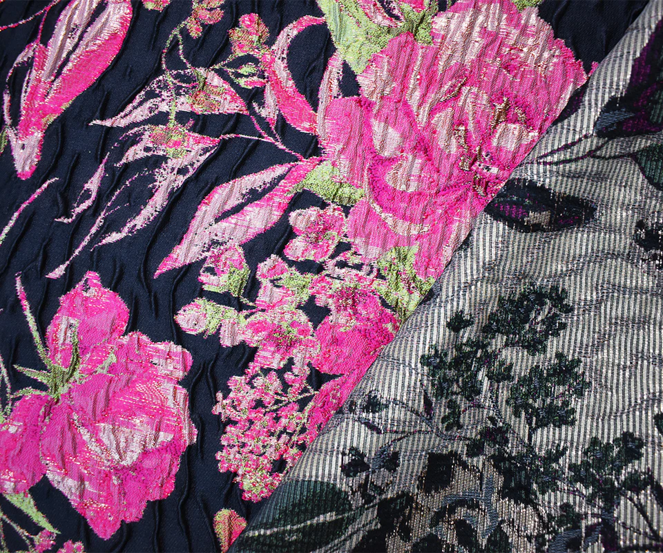 Blue-Fuchsia-Multi Floral Jacquard Matelasse Brocade Woven Fabric - Image 2