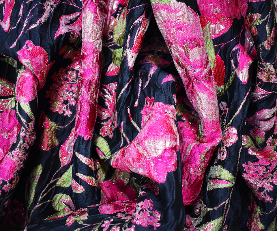Blue-Fuchsia-Multi Floral Jacquard Matelasse Brocade Woven Fabric - Image 3