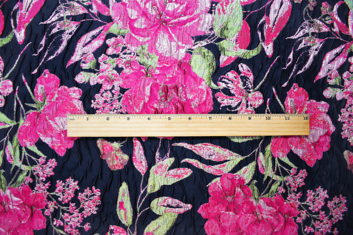 Blue-Fuchsia-Multi Floral Jacquard Matelasse Brocade Woven Fabric - Image 5
