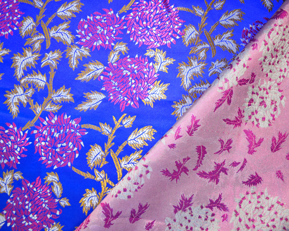 Blue-Fuchsia-Multi Polyester Abstract Floral Chinese Brocade Woven Fabric - Image 3