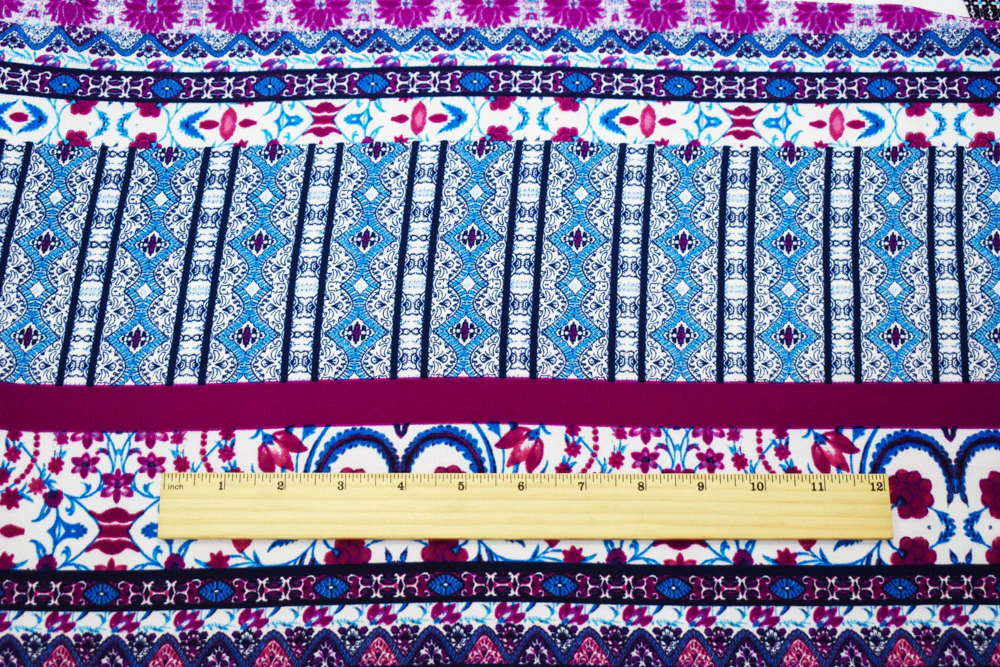 Blue-Fuchsia-Teal Poly Boho Multi Border Pattern Print Pebble Crepe Fabric - Image 2