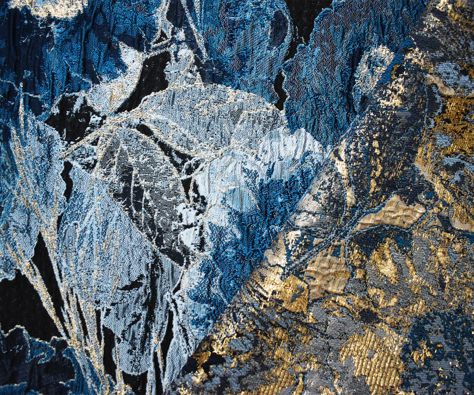 Blue-Gold Abstract Floral Jacquard Matelasse Brocade Woven Fabric - Image 2