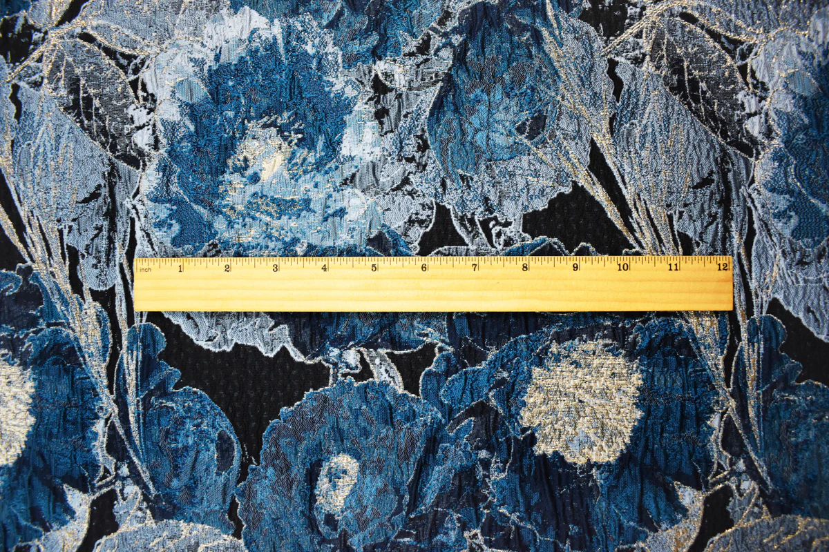 Blue-Gold Abstract Floral Jacquard Matelasse Brocade Woven Fabric - Image 5