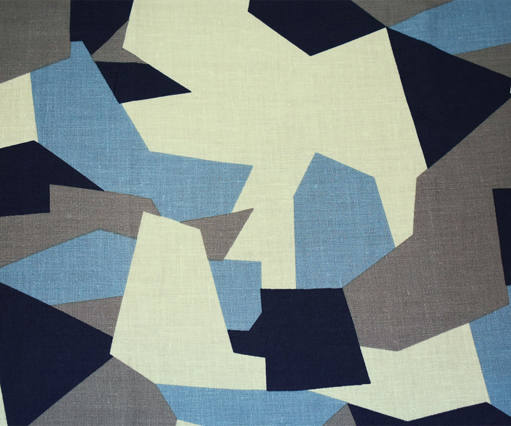 Blue-Gray-Multi Abstract Geomtric Printed Linen Woven Fabric - Image 4