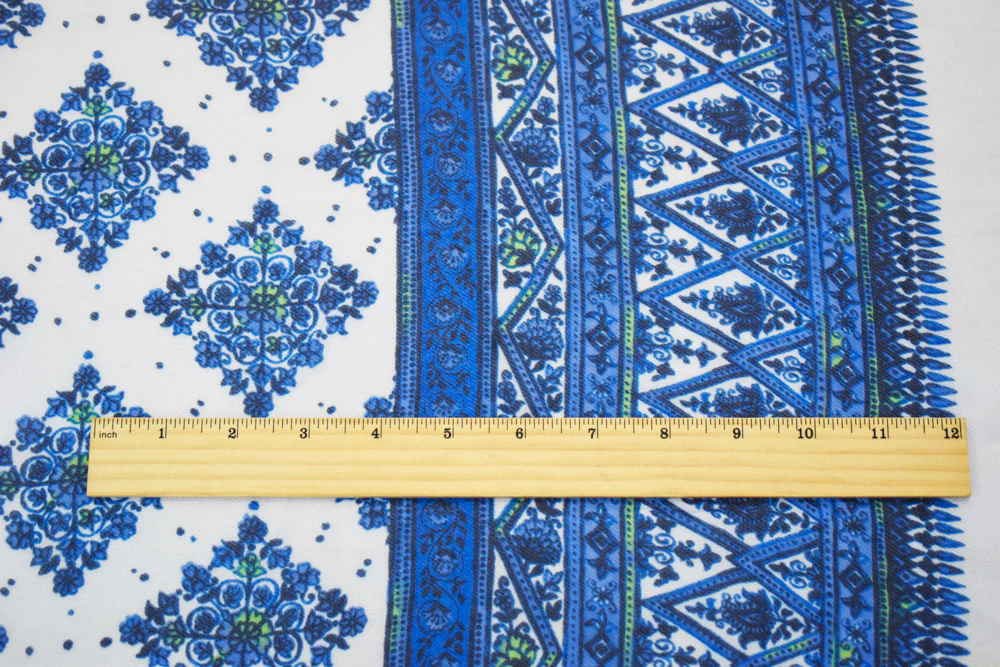 Blue-Green-White Poly Border Printed Chiffon Woven Fabric - Image 2
