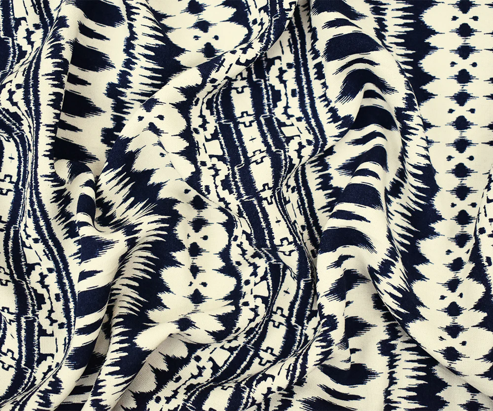 Blue-Ivory Ikat Striped Printed Rayon Challis Woven Fabric - Image 2