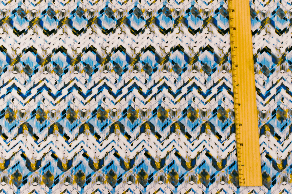 Blue-Ivory-Multi Abstract Chevron Rayon Challis Woven Fabric - Image 4