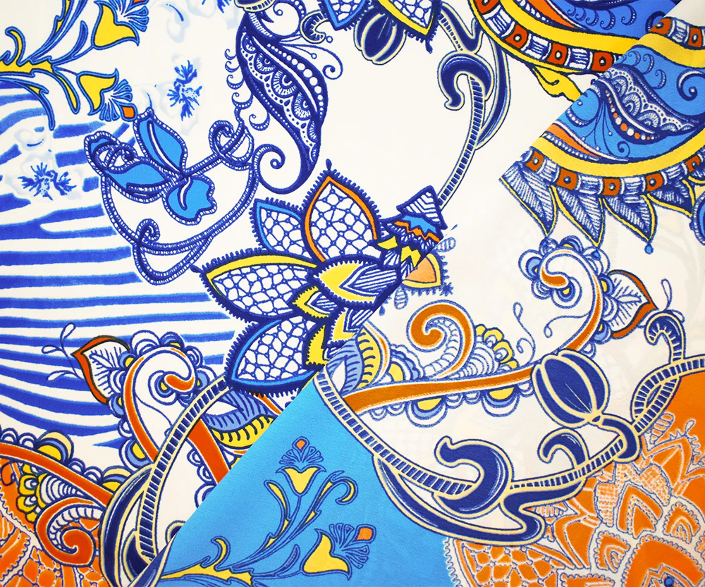 Blue-Ivory-Multi Poly Paisely Floral Print Pebble Crepe Woven Fabric - Image 2