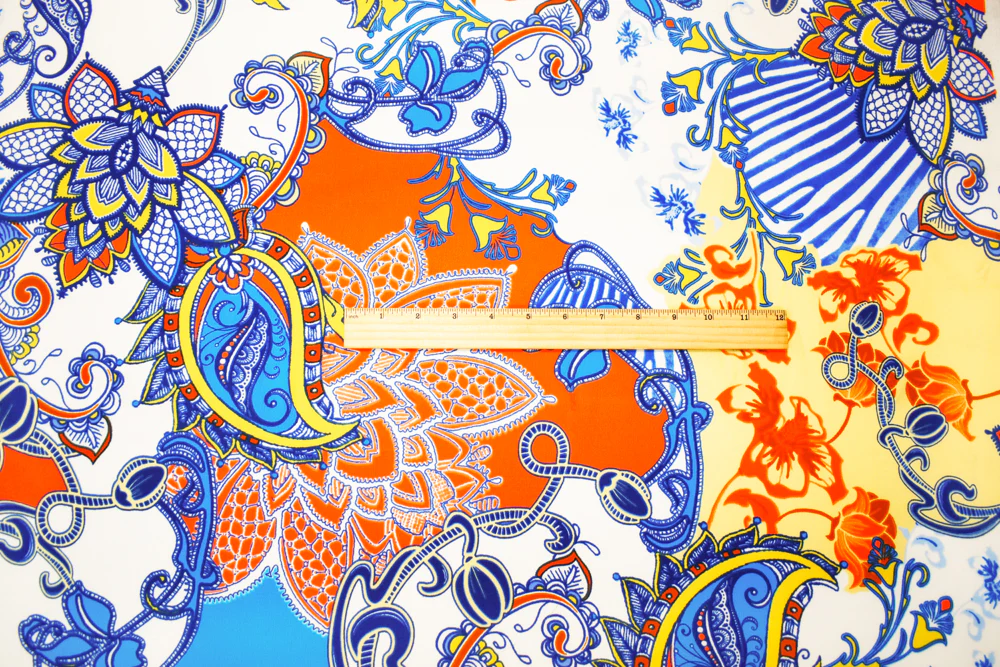 Blue-Ivory-Multi Poly Paisely Floral Print Pebble Crepe Woven Fabric - Image 4