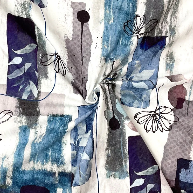 Blue-Multi Cotton Abstract Floral Printed Jersey Knit Fabric