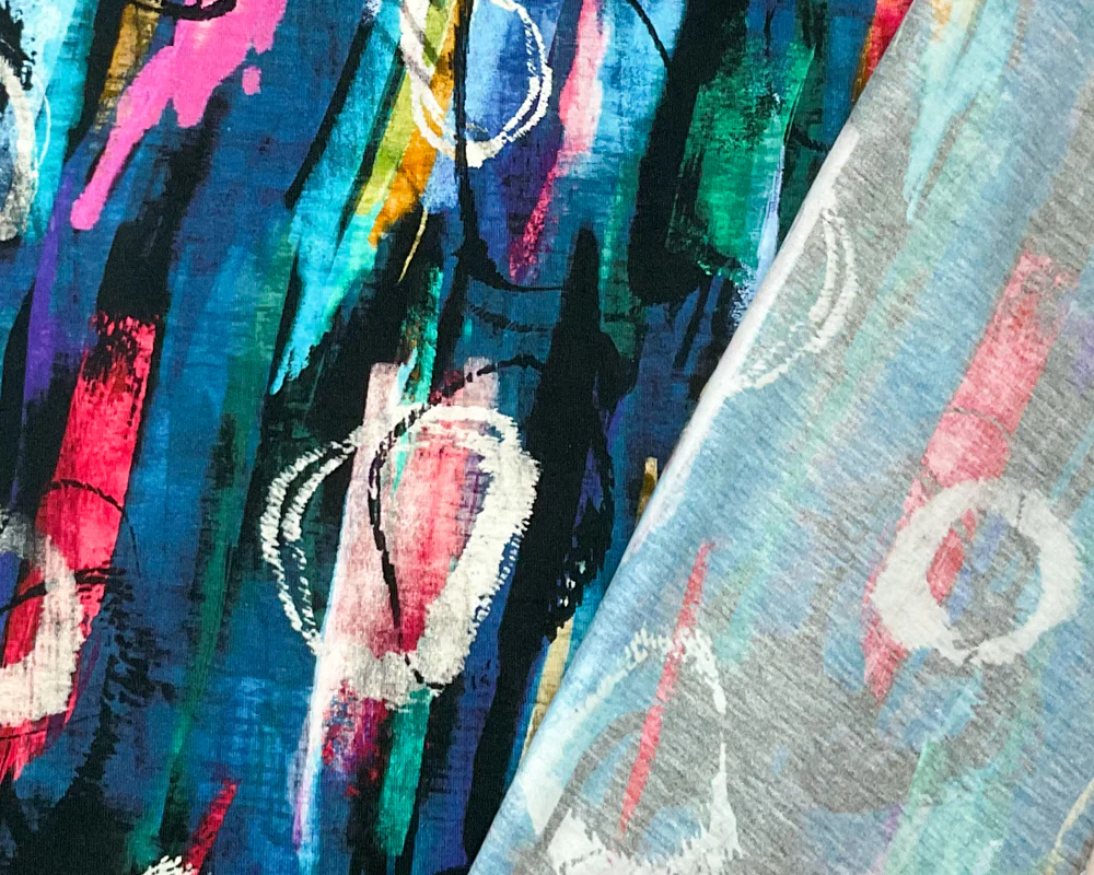 Blue-Multi Cotton Abstract Printed Jersey Knit Fabric - Image 2