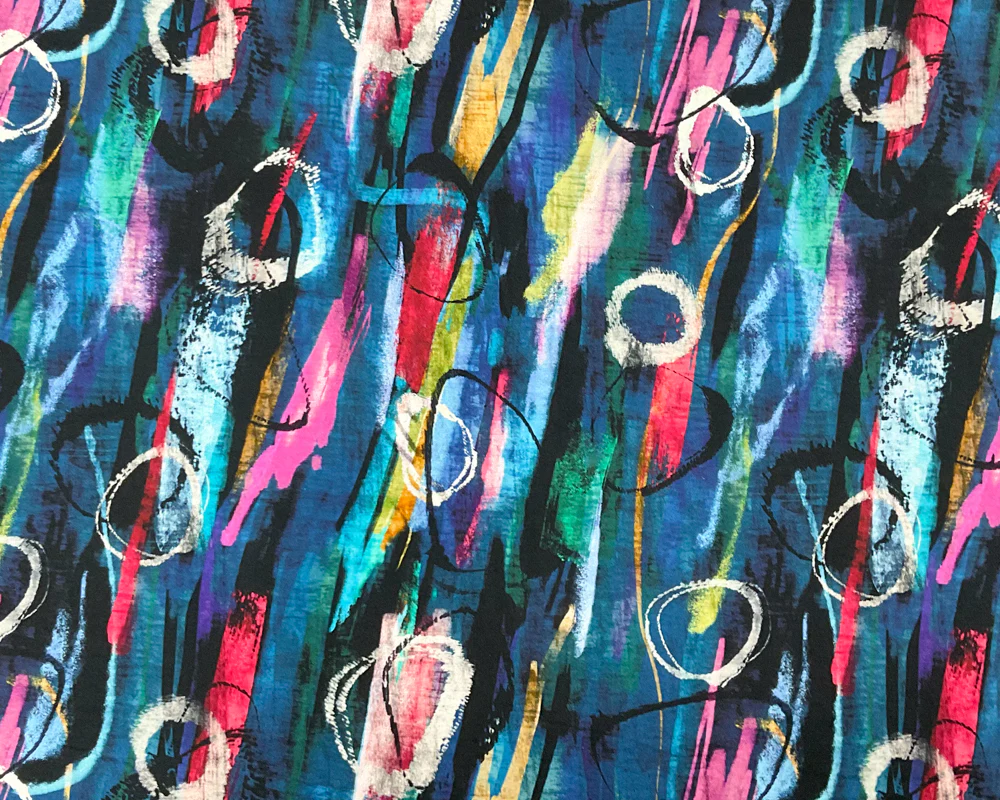 Blue-Multi Cotton Abstract Printed Jersey Knit Fabric - Image 3