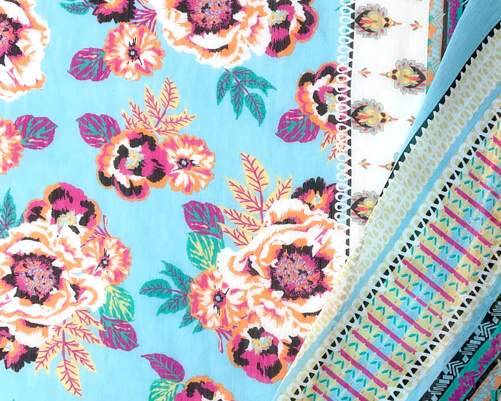 Blue-Multi Poly Floral Border Printed Yoryu Chiffon Woven Fabric - Image 2