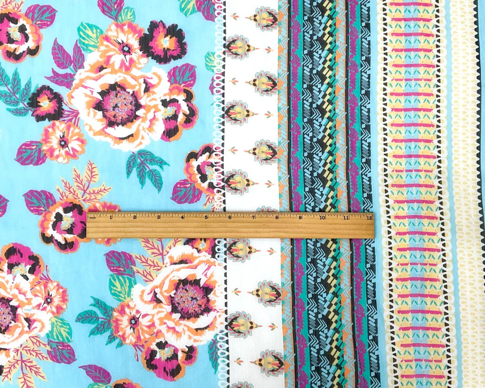 Blue-Multi Poly Floral Border Printed Yoryu Chiffon Woven Fabric - Image 4