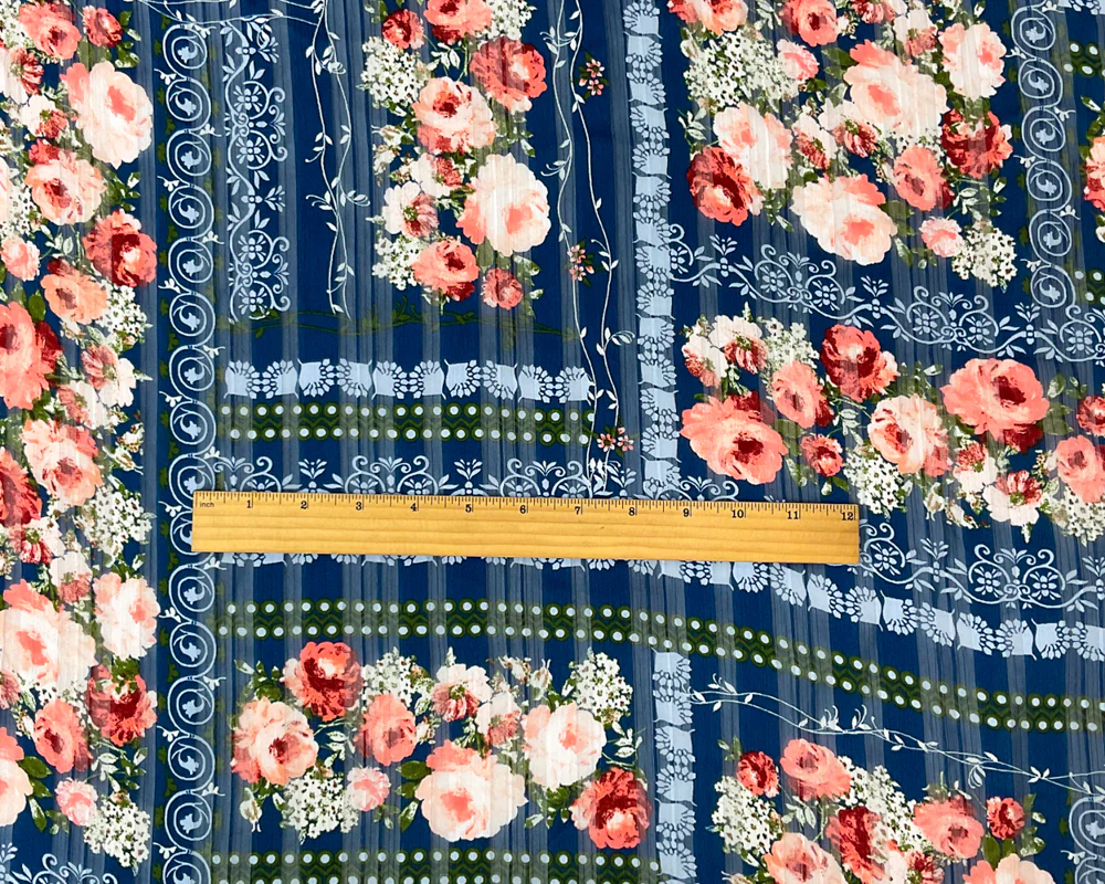 Blue-Multi Poly Floral Print Striped Satin Chiffon Woven Fabric - Image 4