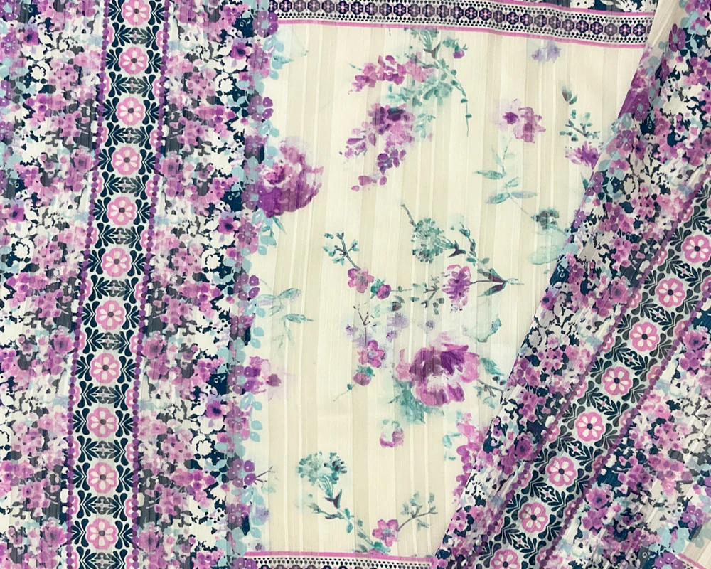 Blue-Multi Poly Floral Printed Satin Stripe Chiffon Woven Fabric - Image 2