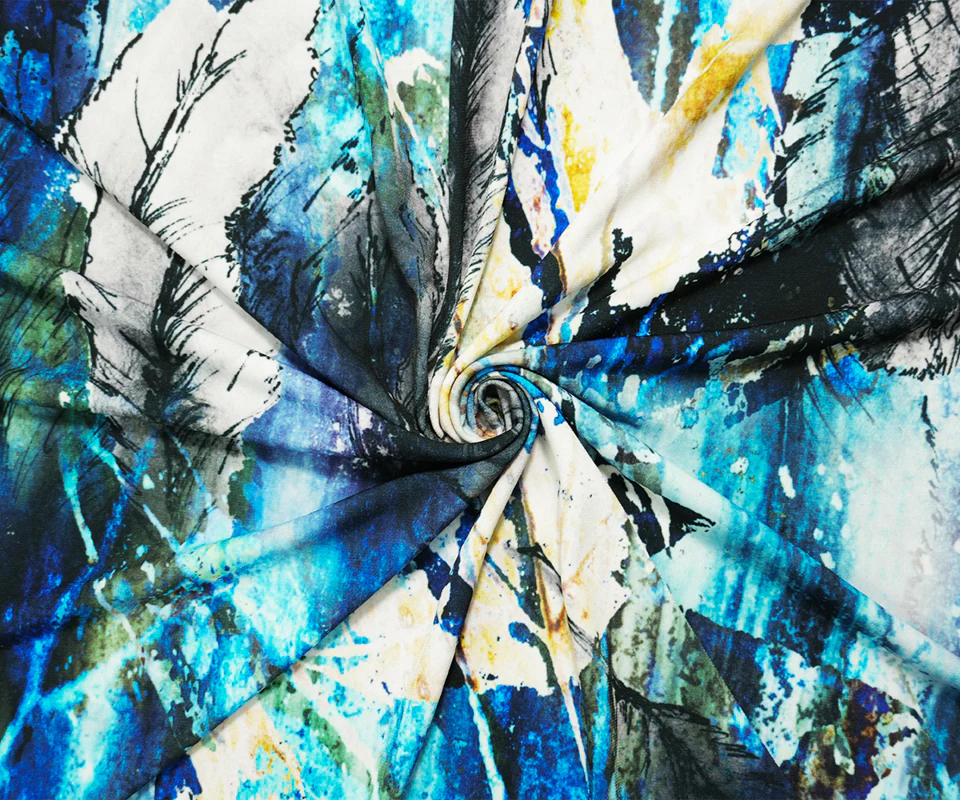 Blue-Multi Poly Stretch Feather Printed ITY Jersey Knit Fabric - Image 2