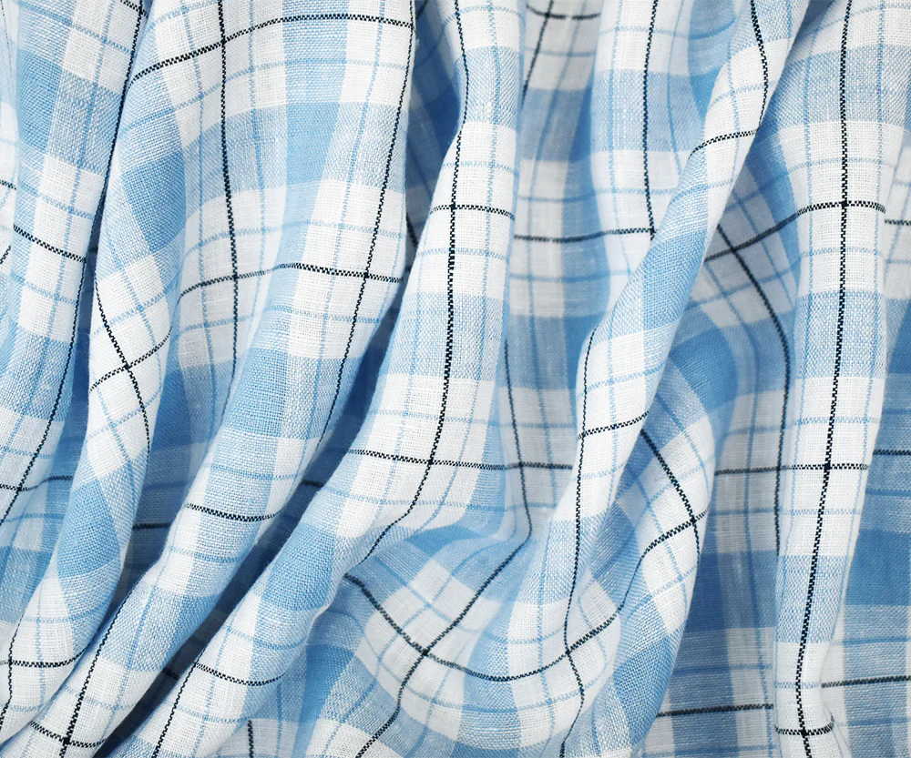 Blue-Navy-White Moygashel Washed Grid Plaid Irish Linen Woven Fabric - Image 3
