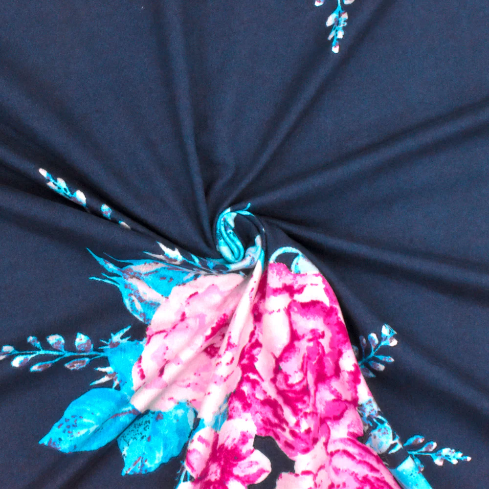 Blue-Pink-Multi Floral Printed Double Brushed DTY Knit Fabric - Image 2