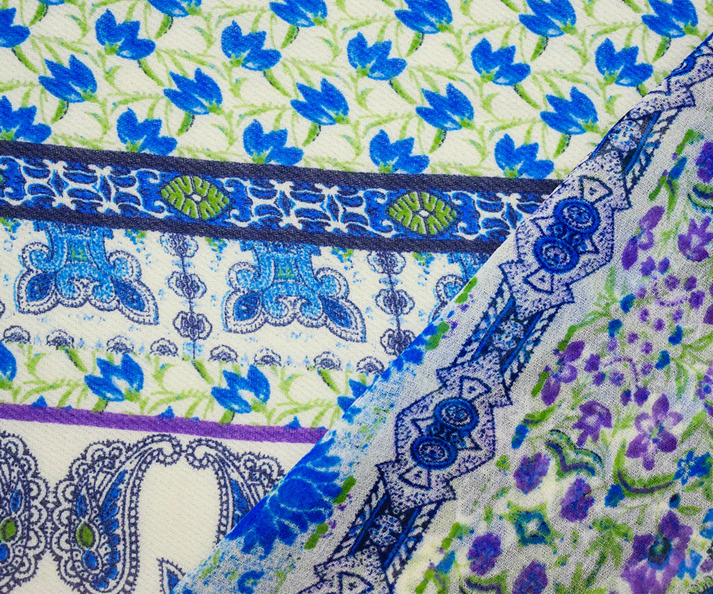 Blue-Purple-Multi Poly Border Floral Printed Chiffon Woven Fabric - Image 2